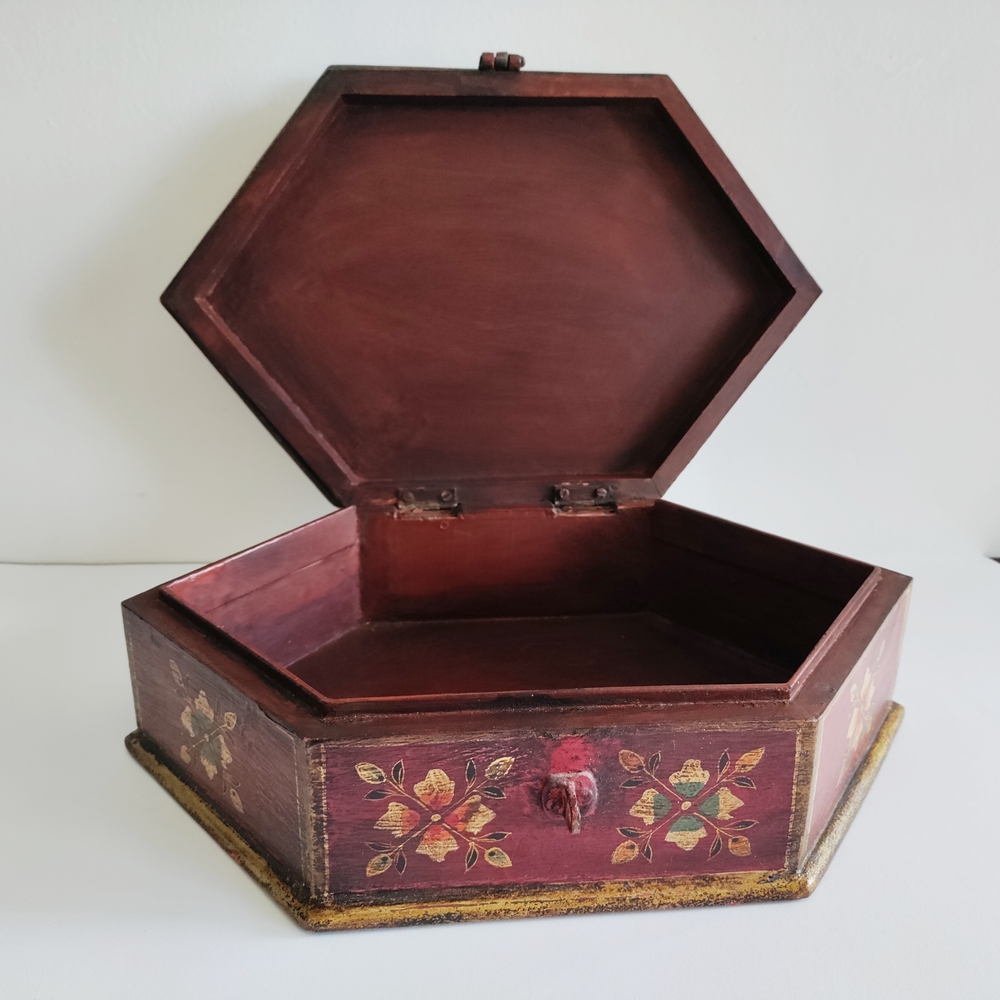 Hexagonal Wooden Jewelry Organizer - Burgundy with Gold Detailing